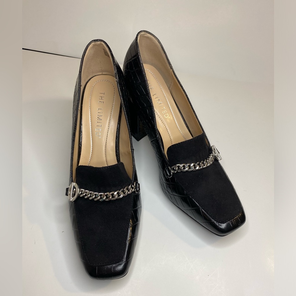 The Limited Croc Embossed Chain Link Heeled Loafers Black